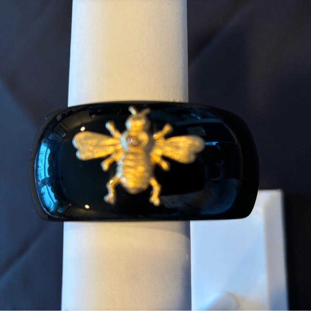 New Bosom Buddies Black Acrylic Gold Bee Hinged Bracelet.